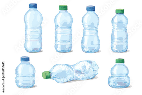 Six plastic water bottles, one crushed