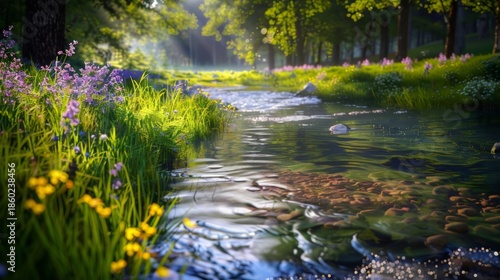Crystal Clear Woodland Brook Flowing Through a Spring Meadow with Yellow and Purple Flowers