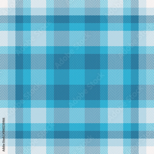 Equal check fabric plaid, woman textile seamless background. 40s vector pattern tartan texture in cyan and light blue colors.