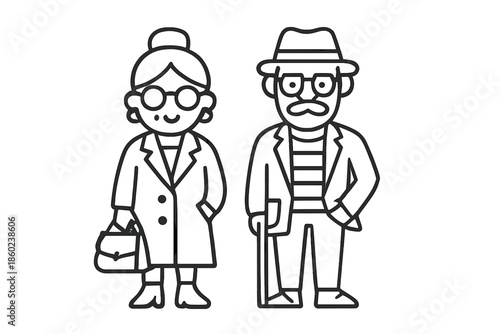 Elderly Couple in Outline Style
