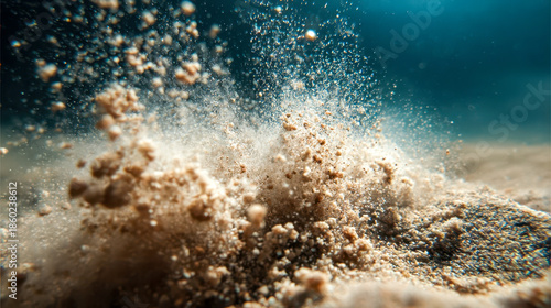Fine sand grains exploding underwater, the dynamic movement of the ocean floor and natural background texture
