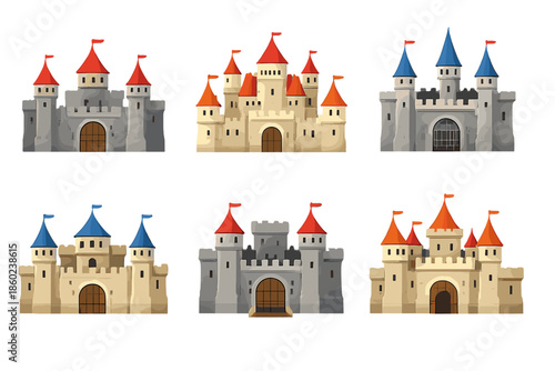 Collection of Fantasy Castles with Colored Flags