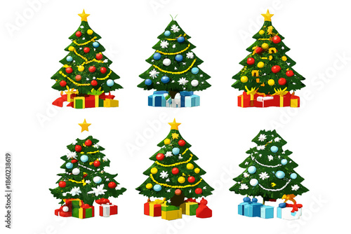 Six festive Christmas trees decorated with ornaments and gifts