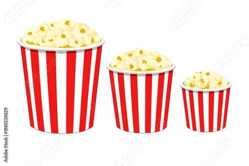 Three Red and White Striped Popcorn Buckets on a Dark Background