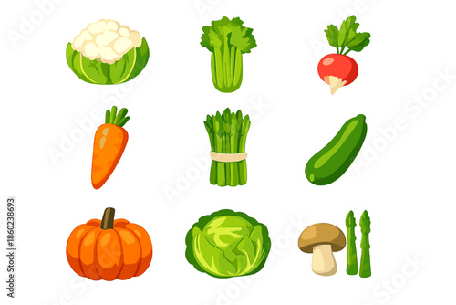 Collection of fresh, glowing vegetables on a green background