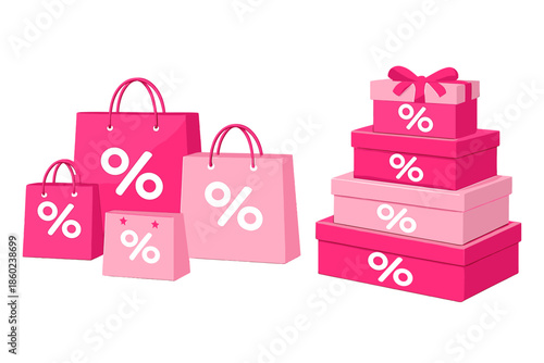 Pink shopping bags and gift boxes with percent symbols