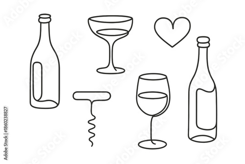 Minimalist Outline of Wine Bottle and Glasses with Heart
