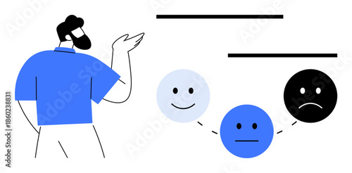 Person gesturing towards three emotive faces representing happiness, neutrality, and sadness. Ideal for feedback, emotions, user experience, decision-making, psychology, evaluation communication