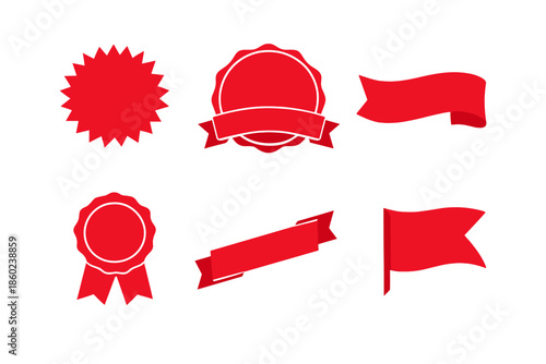 Collection of red neon ribbons and badges on a gradient background