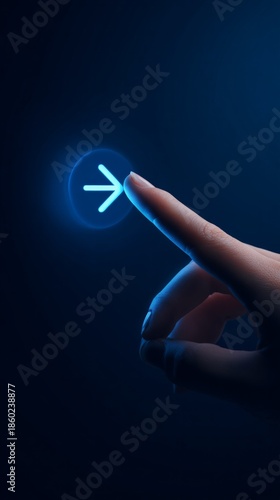 A hand pointing to an arrow on a blue screen