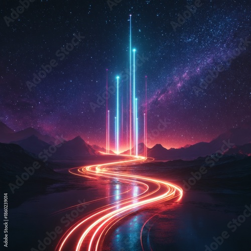 A long, curving road with a bright blue sky in the background