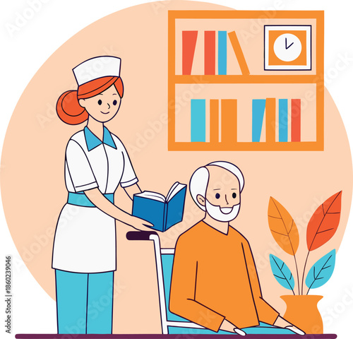 Nurse assisting elderly man with walker in clinic or hospital