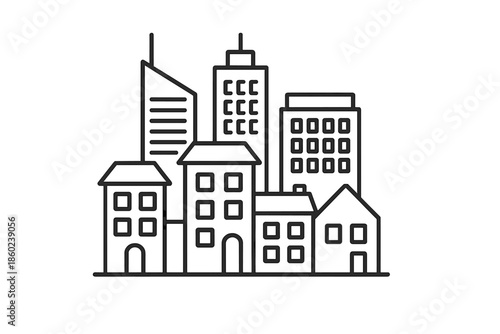 City skyline line art on a gray background