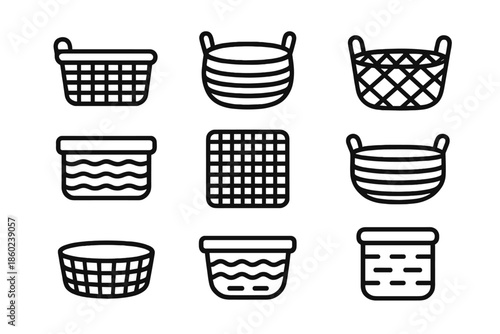 Collection of nine basket icons on a dark background