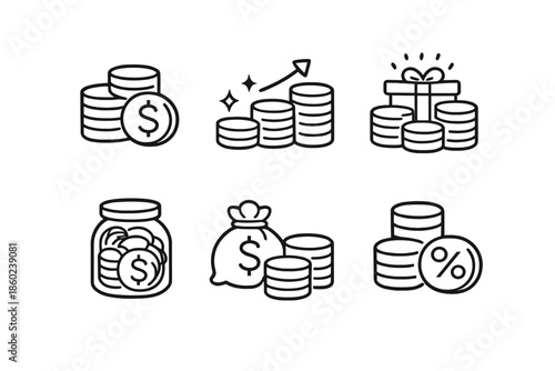 Set of finance and money icons on a gray background