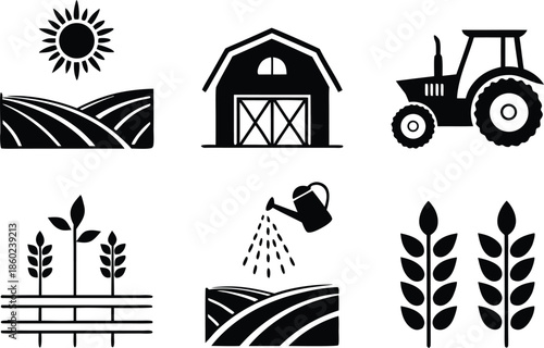 Farming and agriculture icons including tractor barn and crops in black and white