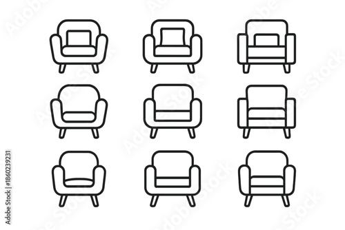 Nine stylized armchairs arranged in a grid