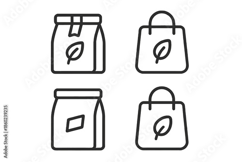 Set of four stylized icons of shopping bags and packaging, representing eco-friendly commerce