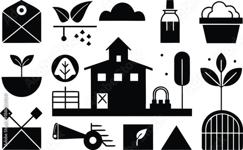 Black and white icons of farm and gardening tools and objects