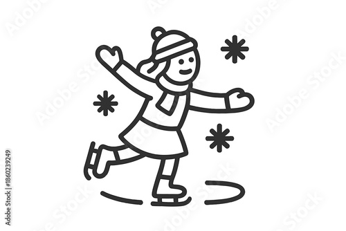 Child figure skater on ice rink with snowflakes
