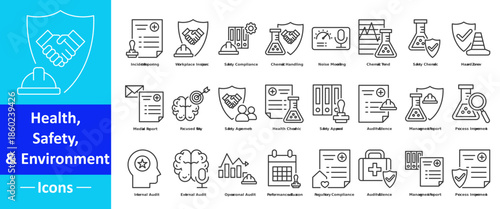 Health safety and environment icon pack in creative outline vector style for workplace safety covering industrial protection occupational health environmental awareness and visual education needs