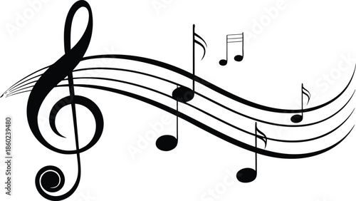 Black music notes on staff with treble clef on white background