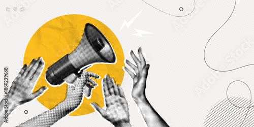 Trendy Halftone Collage Protest demonstration with raised hands. Leader with megaphone. Fight for your rights. Voice of community. News and propaganda. Contemporary vector illustration art
