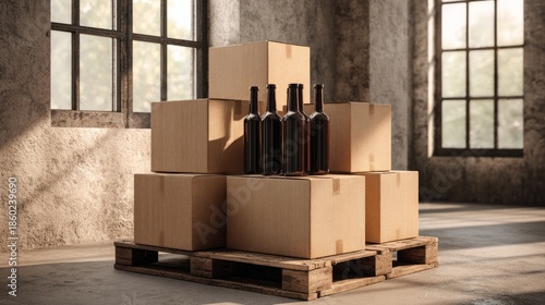 A stack of cardboard boxes and bottles are piled on top of each other