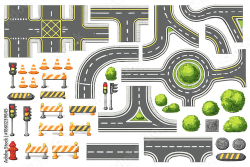 Top-down view of traffic control elements and road segments