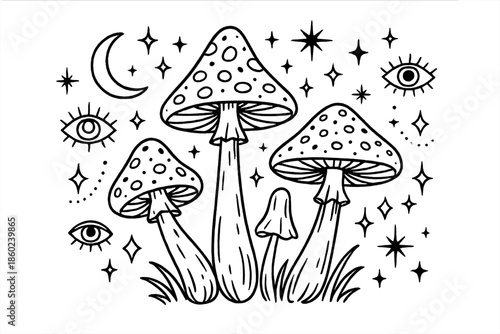Mystical Mushroom and Celestial Eye Illustration