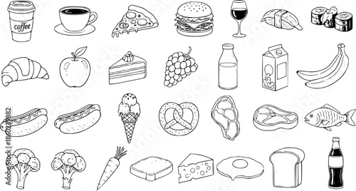 Black and White Line Art Food and Drink Icons Collection. Hand-Drawn Outline Set of Various Meals, Snacks, Fruits, Vegetables, Beverages, and Desserts for Nutrition and Cuisine Industry.