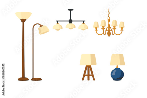 Collection of illuminated lamps and chandeliers against a dark background