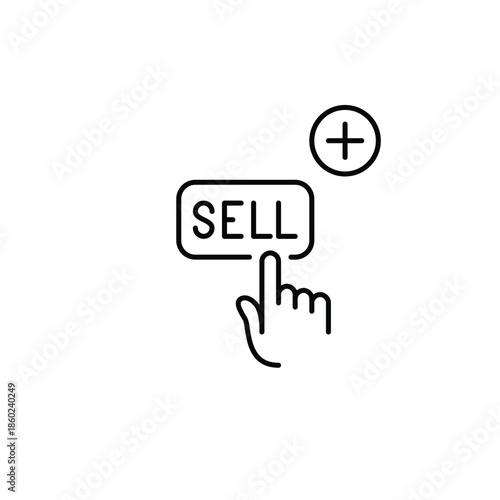 Finger clicking on sell button and plus symbol. Checkout entry, add to cart. Pixel perfect, editable stroke vector icon