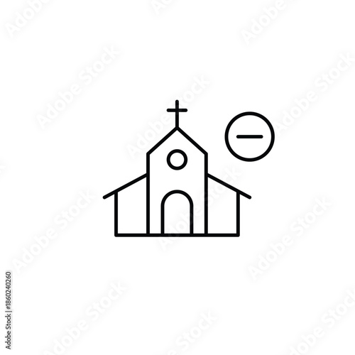 Church and minus. Remove service from schedule. Pixel perfect, editable stroke vector icon