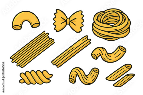 Collection of illustrated pasta shapes on a brown background