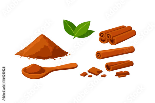 Cinnamon Sticks, Powder, and Leaves on a Gradient Background