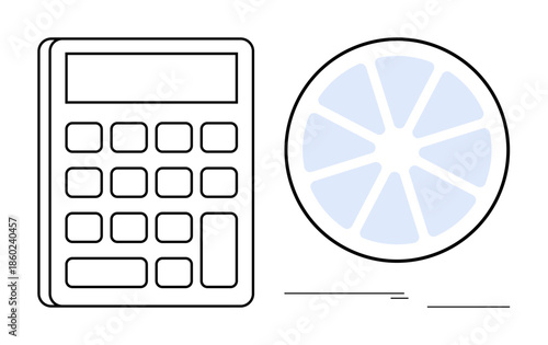 Calculator next to a segmented pie chart representing data analysis, financial metrics, or mathematical calculations. Ideal for business, finance, education, planning, productivity, data