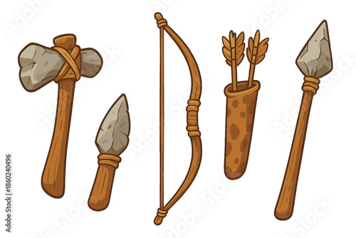 Primitive weapons and tools set on a textured background