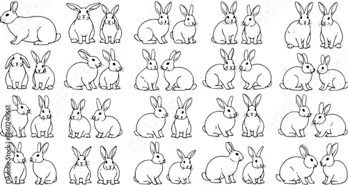 Extensive Collection of Black and White Line Art Rabbits and Bunnies in Diverse Poses, Ideal for Nature, Wildlife, and Pet-Themed Illustrations and Designs
