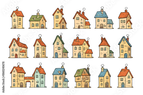 Collection of cartoon houses with chimneys and colorful roofs