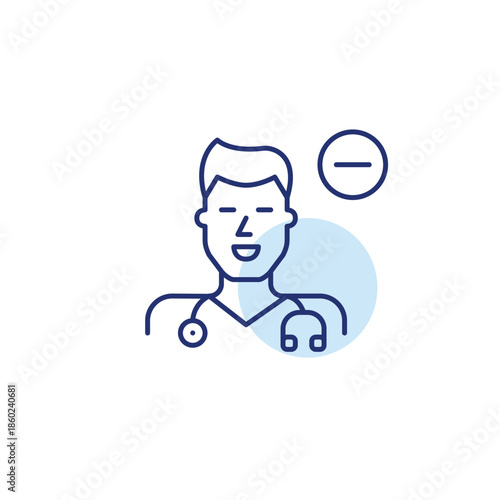 Man doctor with stethoscope and minus. Appointment cancelled, time unavailable. Pixel perfect, editable stroke vector icon