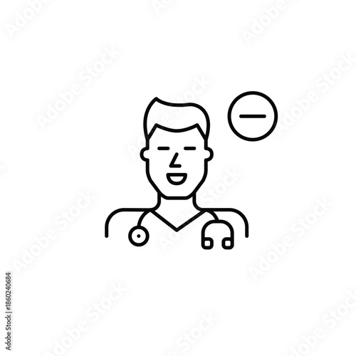 Man doctor with stethoscope and minus. Appointment cancelled, time unavailable. Pixel perfect, editable stroke vector icon