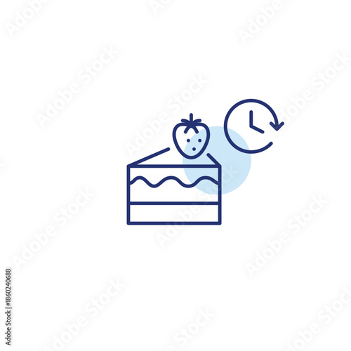 Strawberry cheesecake and clock. Fast food scheduled delivery and meal pick-up on time. Pixel perfect, editable stroke vector icon