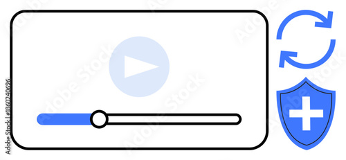 Online safety, digital streaming, data protection, secure updates, user privacy, multimedia security. A video player with playback bar, circular update icon and shield symbol. Online safety