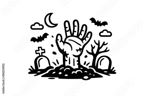 Halloween Graveyard Scene with Moon and Bats