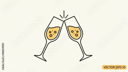 Two champagne flutes clinking together with golden liquid and bubbles on a beige background for celebration and joy