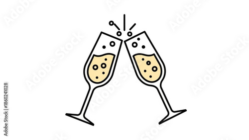 Two champagne flutes clinking together with bubbly wine in a celebratory toast gesture on white background