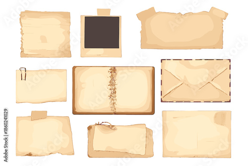 Collection of old paper documents and envelopes with retro lighting.