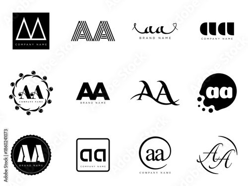AA logo company template. Letter a and a logotype. Set different classic serif lettering and modern bold text with design elements. Initial font typography.