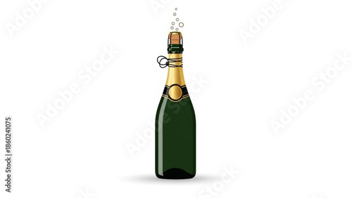 A dark green glass champagne bottle with gold foil and wire cage on a white background with bubbles coming out of the top, symbolizing celebration and luxury